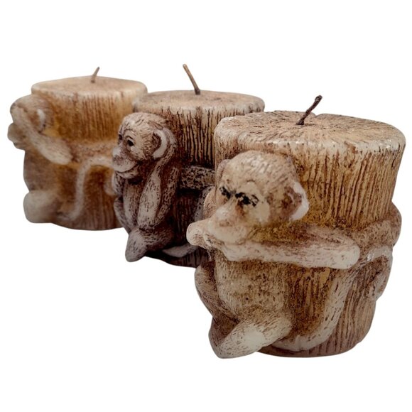 Vintage Ornate Hand Sculpted Monkey Candles Decor Set Hear See Speak No Evil 3" - Picture 2 of 7